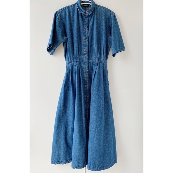‼️SOLD‼️ Vintage A line jean denim midi dress button down with collar - Picture 3 of 5
